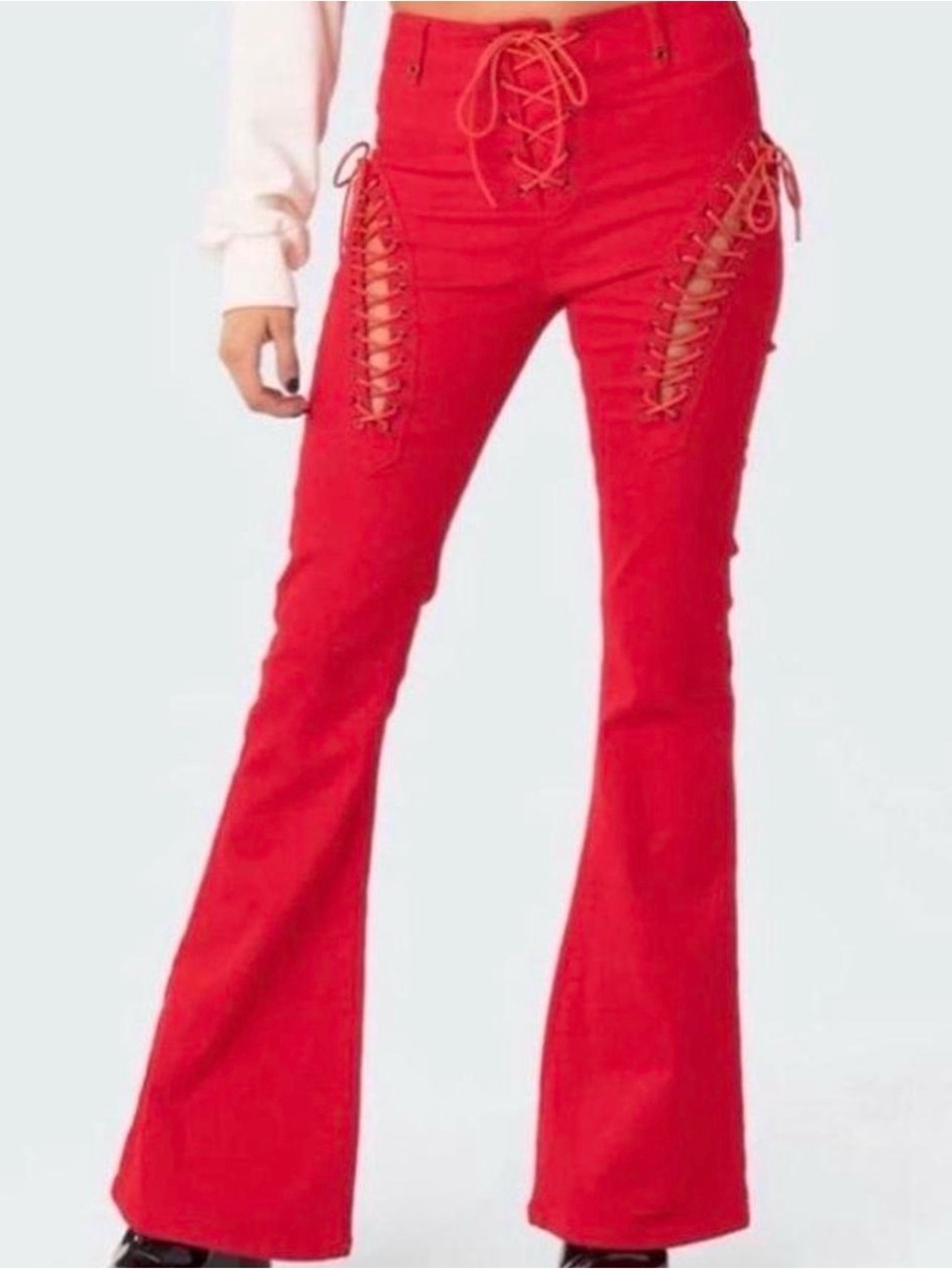 Edikted Red Lace-Up Flare Jeans - Women's Jeans